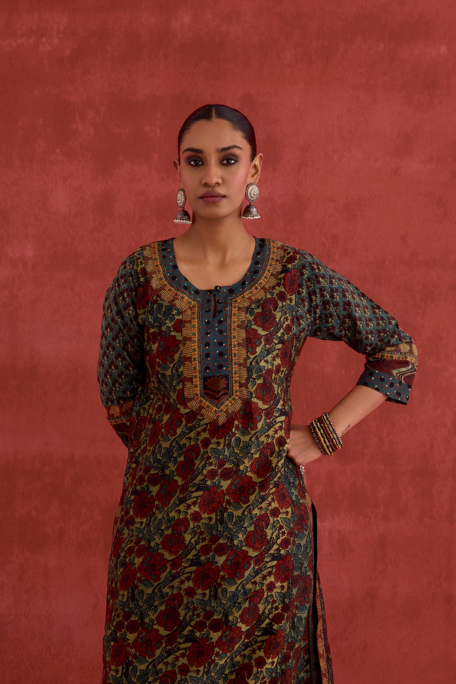 Rozana Chanderi Vanaspati Block Printed Kurta Green Rust (10049093173547)