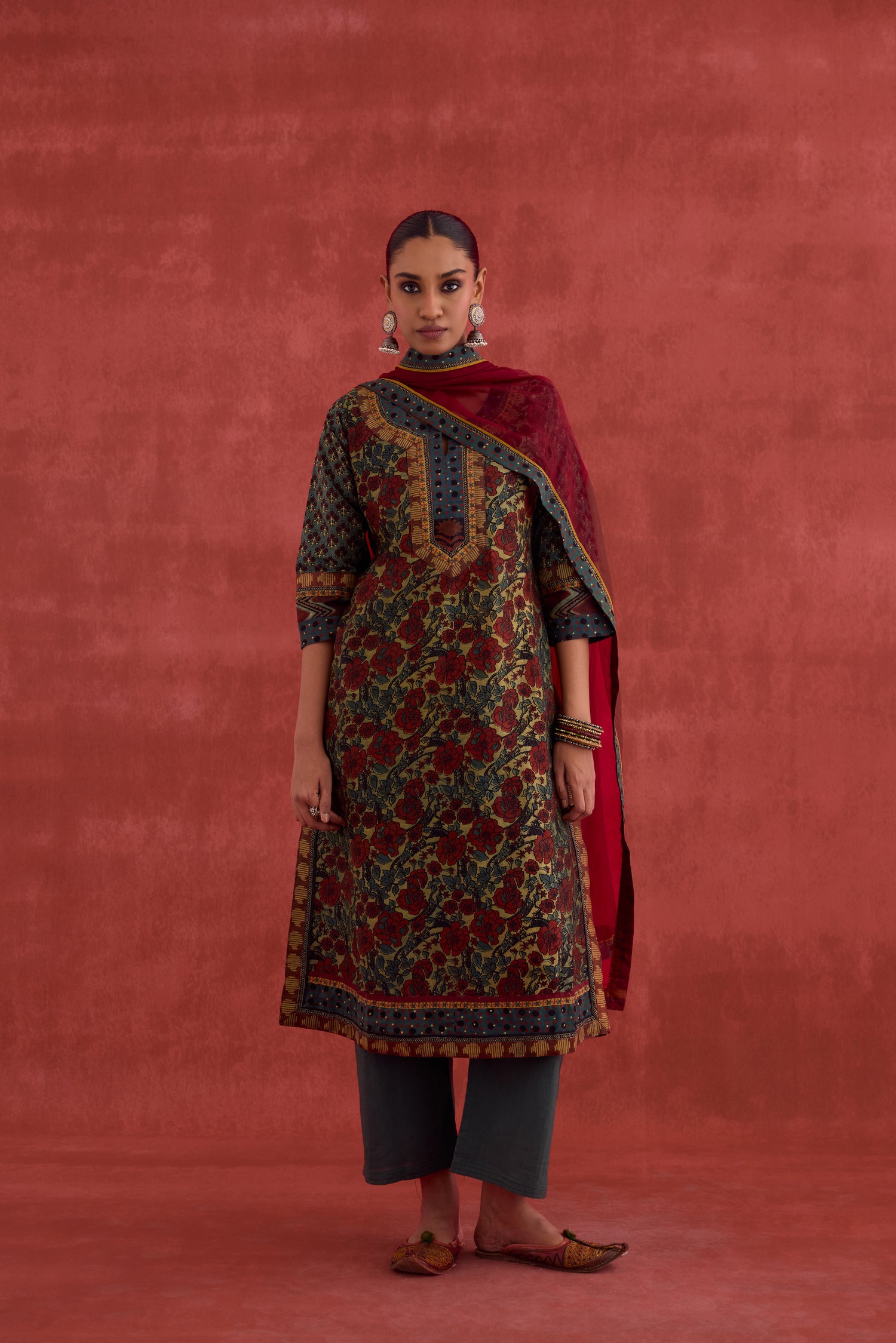 Rozana Chanderi Vanaspati Block Printed Kurta Green Rust (10049093173547)