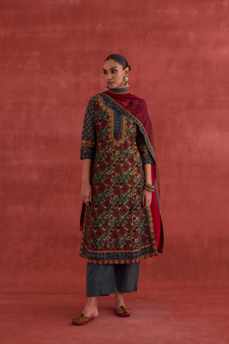 Rozana Chanderi Vanaspati Block Printed Kurta Green Rust (10049093173547)