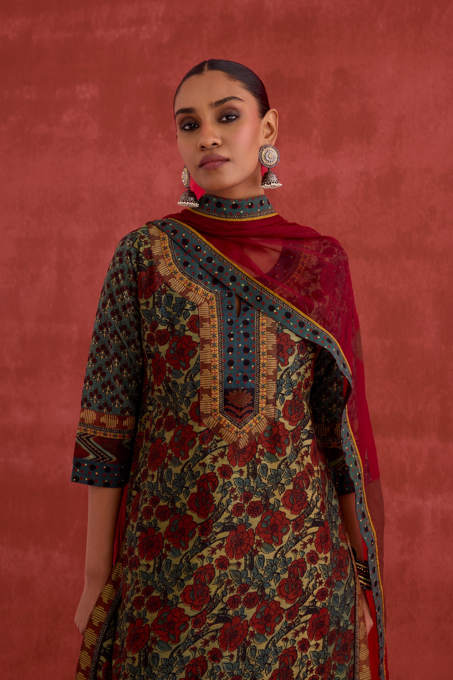 Rozana Chanderi Vanaspati Block Printed Kurta Green Rust (10049093173547)