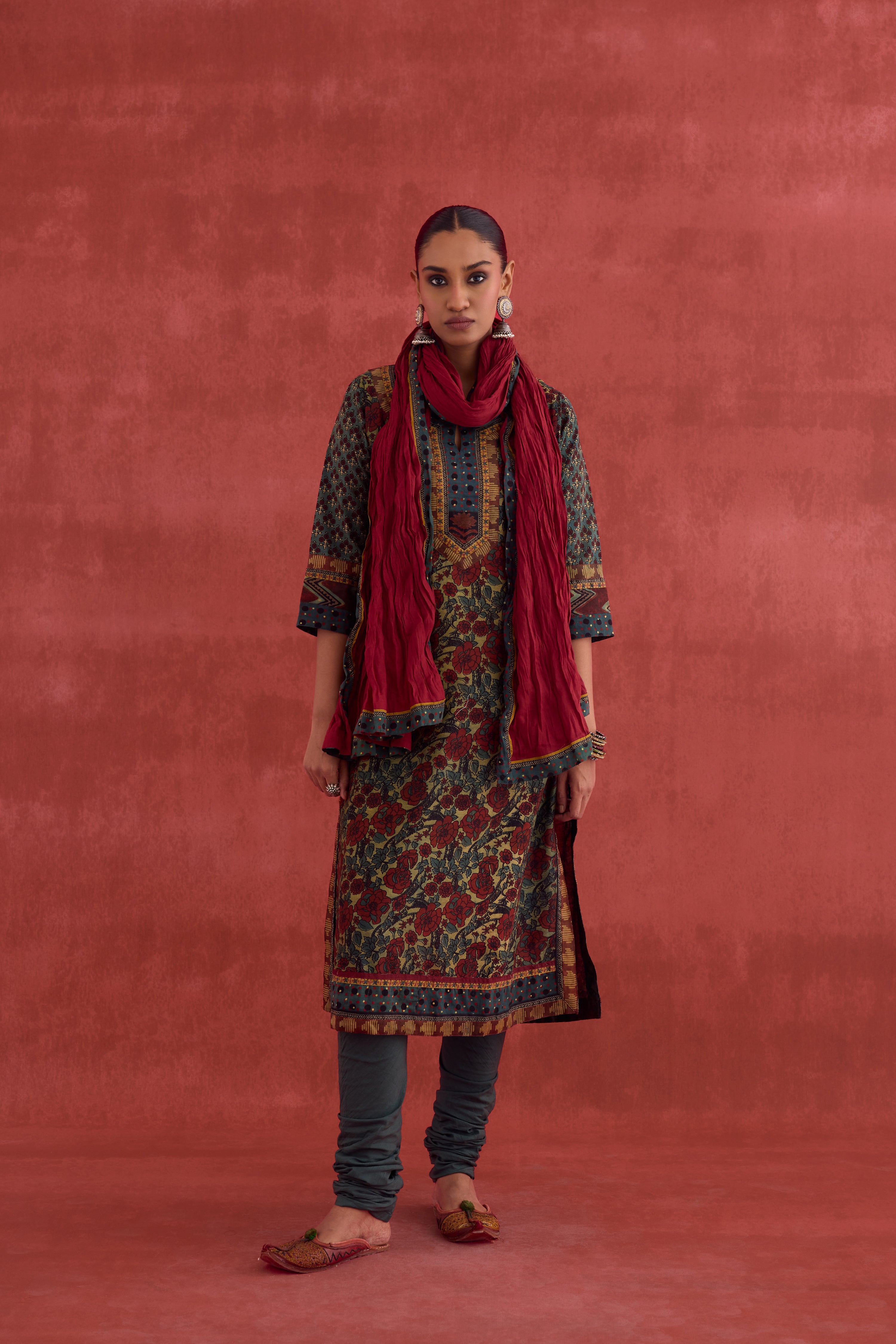 Rozana Chanderi Vanaspati Block Printed Kurta Green Rust (10049093173547)