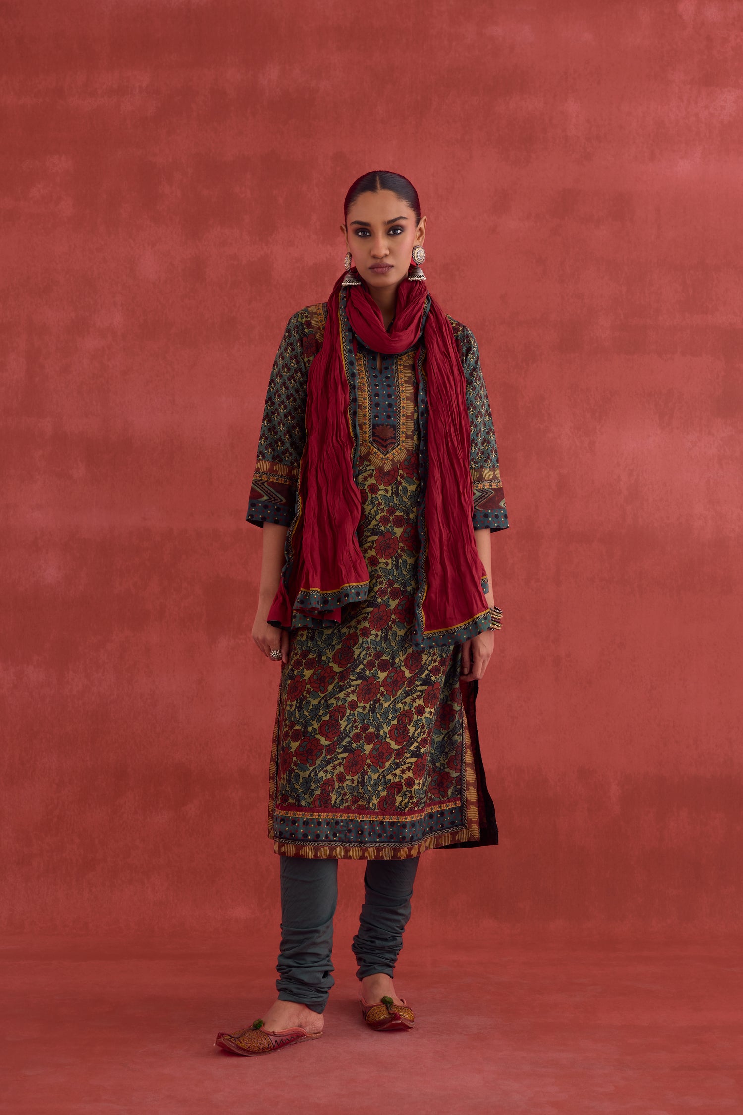 Rozana Chanderi Vanaspati Block Printed Kurta Green Rust (10049093173547)