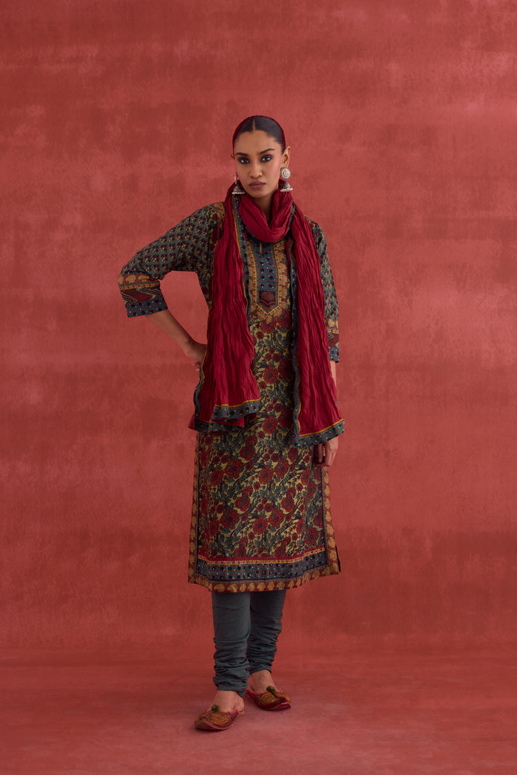 Rozana Chanderi Vanaspati Block Printed Kurta Green Rust (10049093173547)