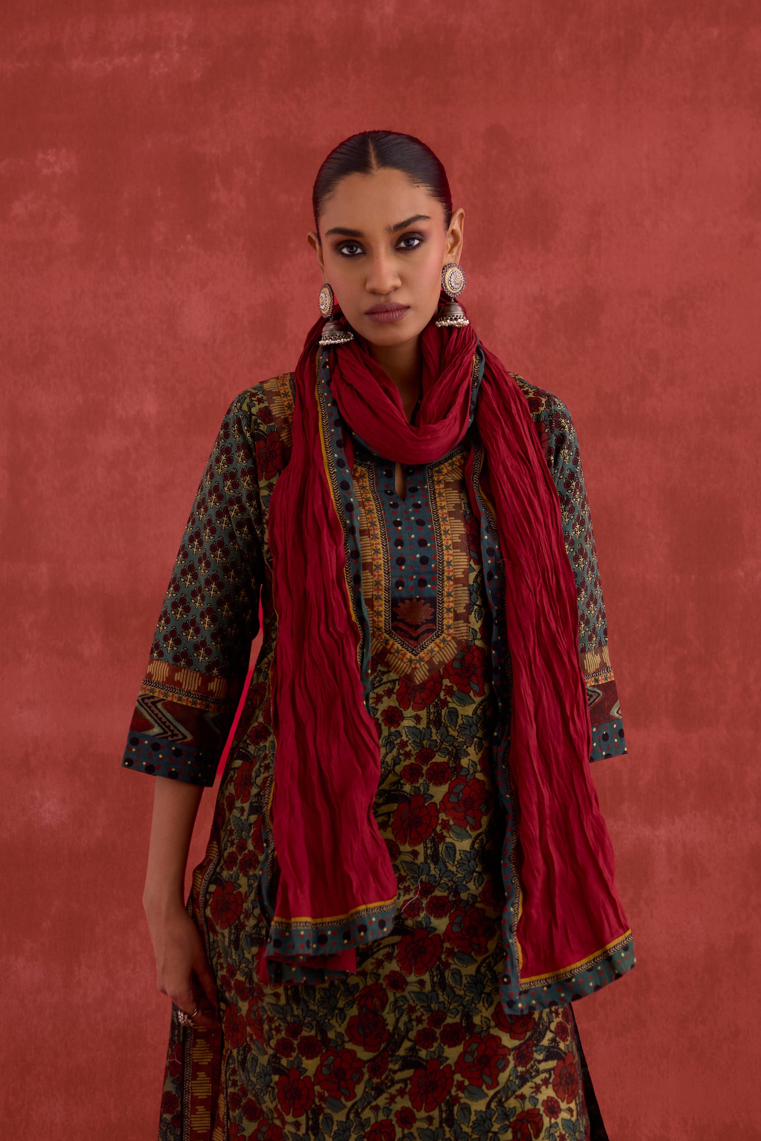 Rozana Chanderi Vanaspati Block Printed Kurta Green Rust (10049093173547)