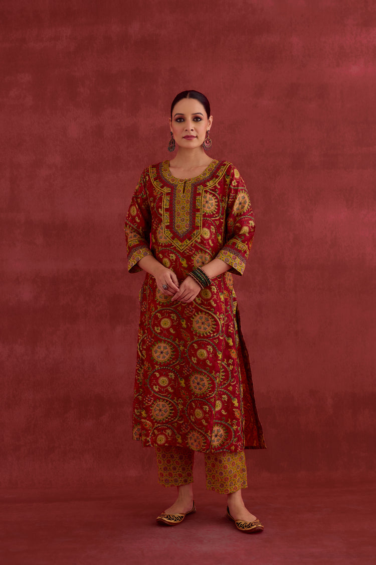 Rozana Chanderi Vanaspati Block Printed Kurta Red Yellow (10039696359723)