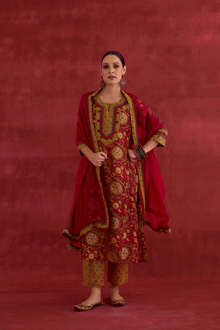Rozana Chanderi Vanaspati Block Printed Kurta Red Yellow (10039696359723)