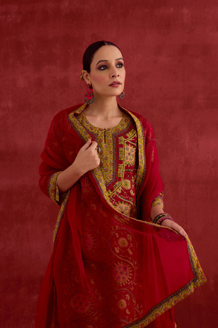 Rozana Chanderi Vanaspati Block Printed Kurta Red Yellow (10039696359723)