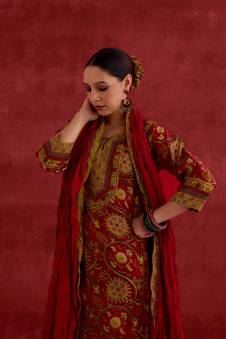 Rozana Chanderi Vanaspati Block Printed Kurta Red Yellow (10039696359723)