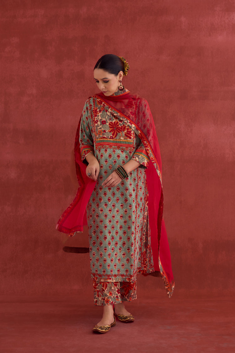 Rozana Hand Embroidered Cotton Block Printed Kurta Light Turquoise Red (10040346411307)