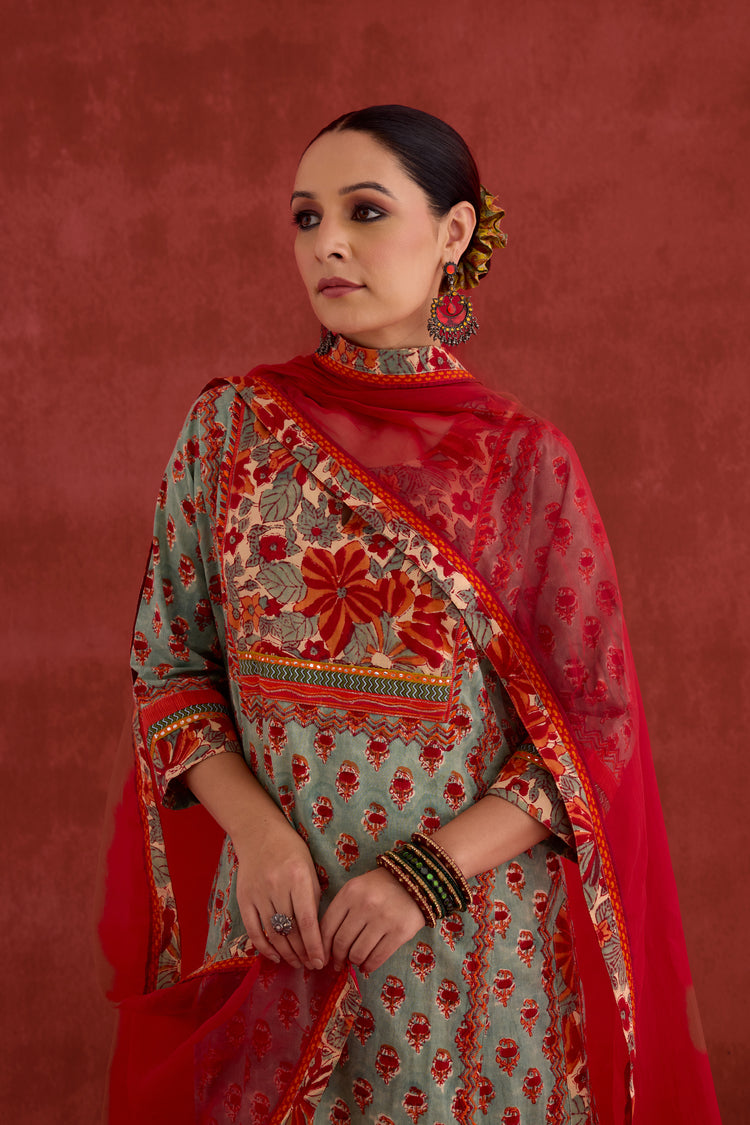 Rozana Hand Embroidered Cotton Block Printed Kurta Light Turquoise Red (10040346411307)
