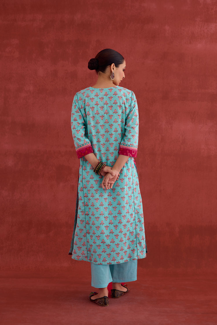 Rozana Cotton Printed Kurta Aqua Pink (10039564894507)