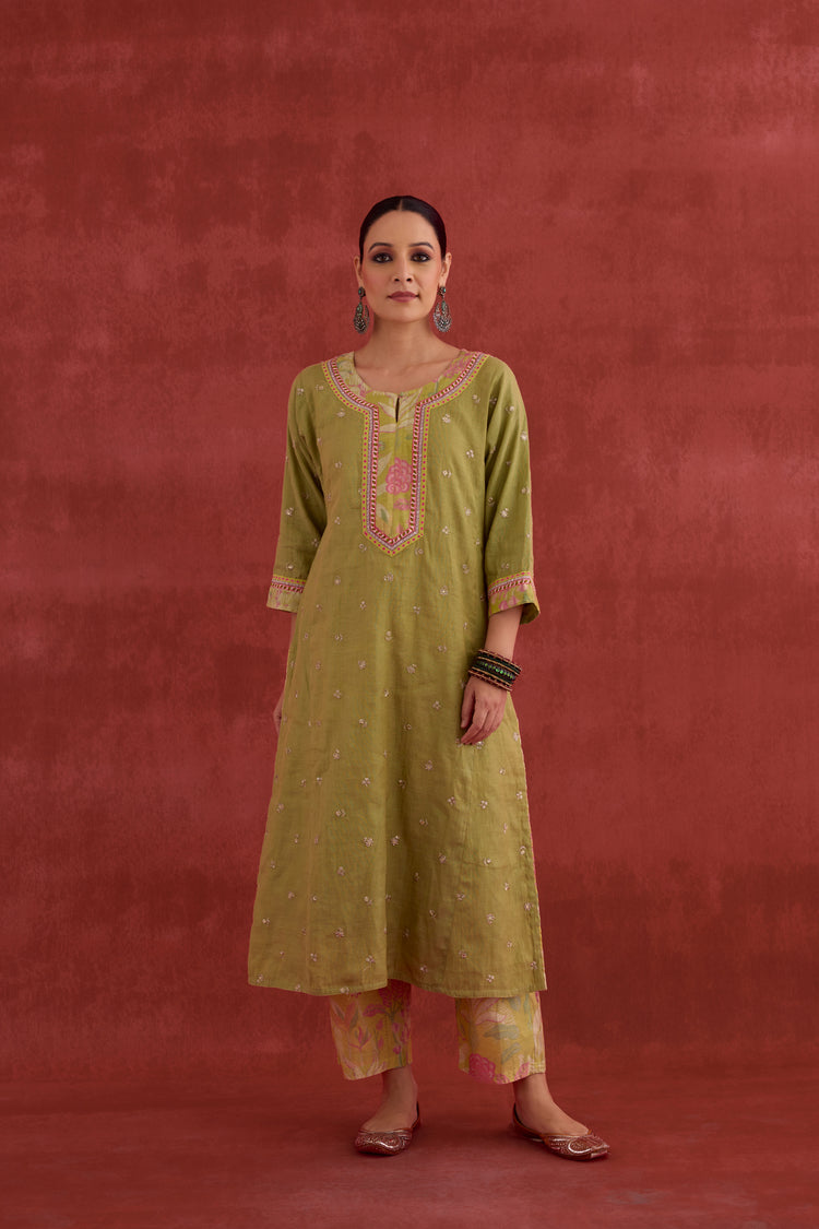 Rozana Embroidered Mul Chanderi Kurta Pista Green (10049040679211)