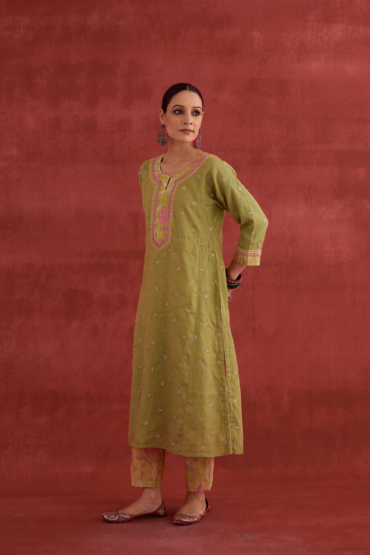 Rozana Embroidered Mul Chanderi Kurta Pista Green (10049040679211)