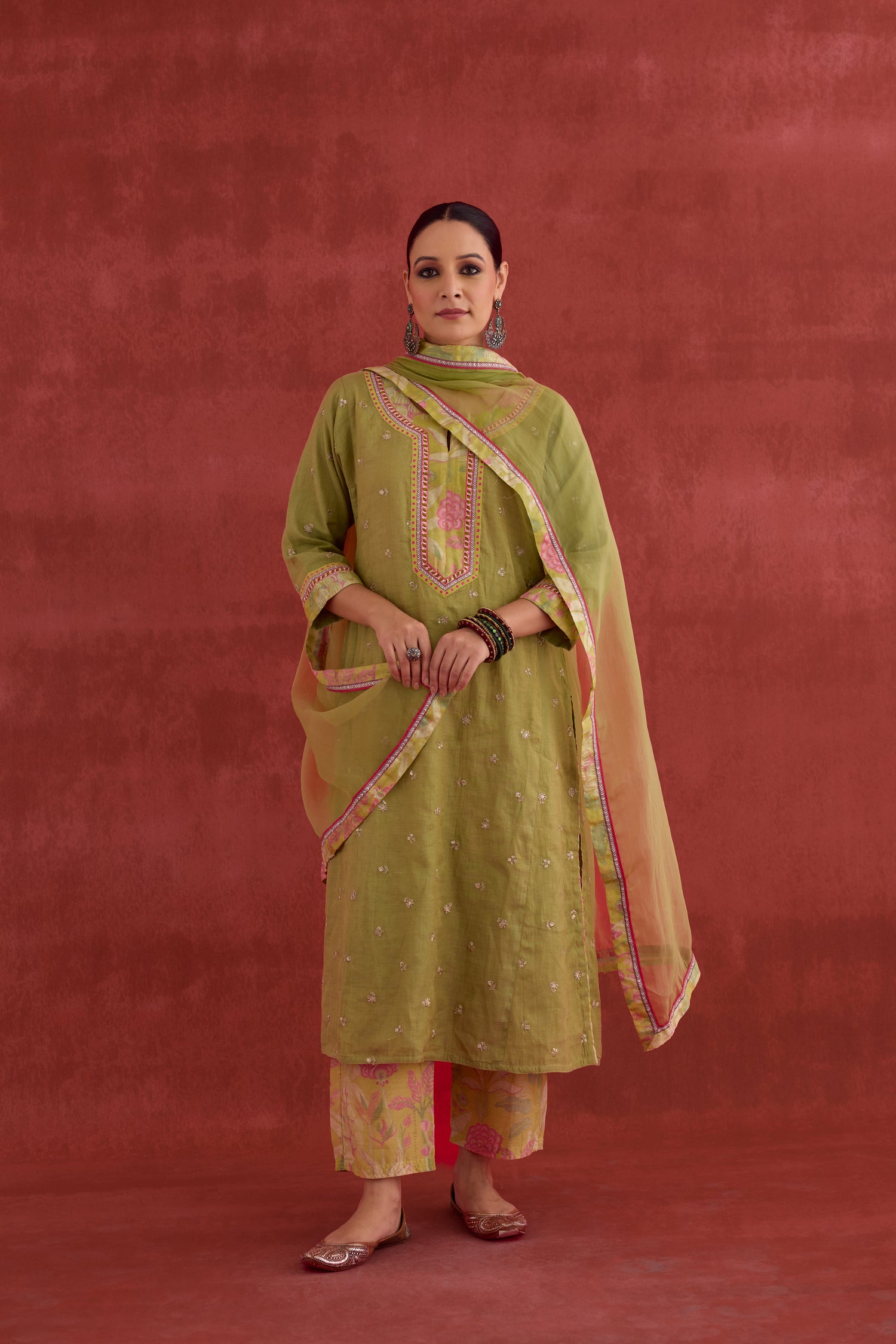 Rozana Embroidered Mul Chanderi Kurta Pista Green (10049040679211)