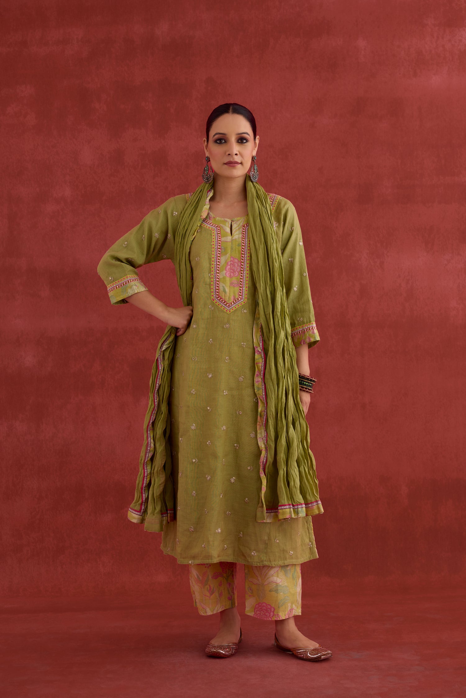 Rozana Embroidered Mul Chanderi Kurta Pista Green (10049040679211)