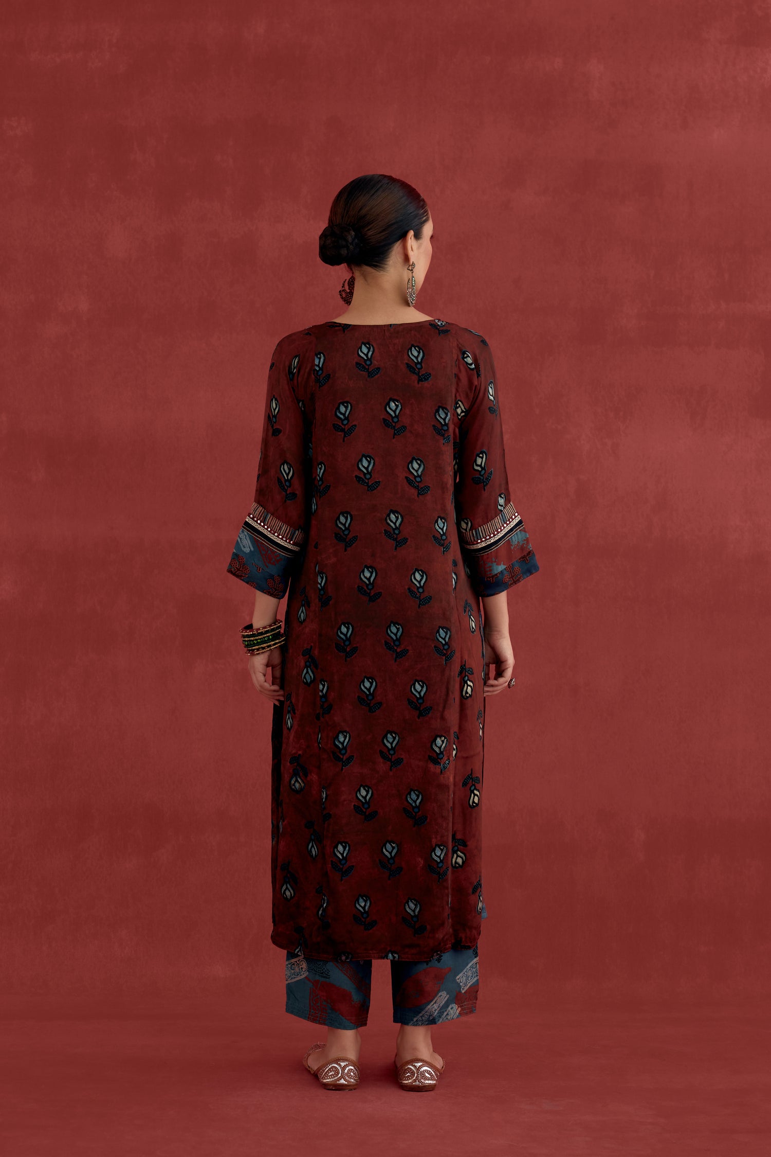 Rozana Modal Silk Block Printed Kurta Maroon Black (10049131610411)