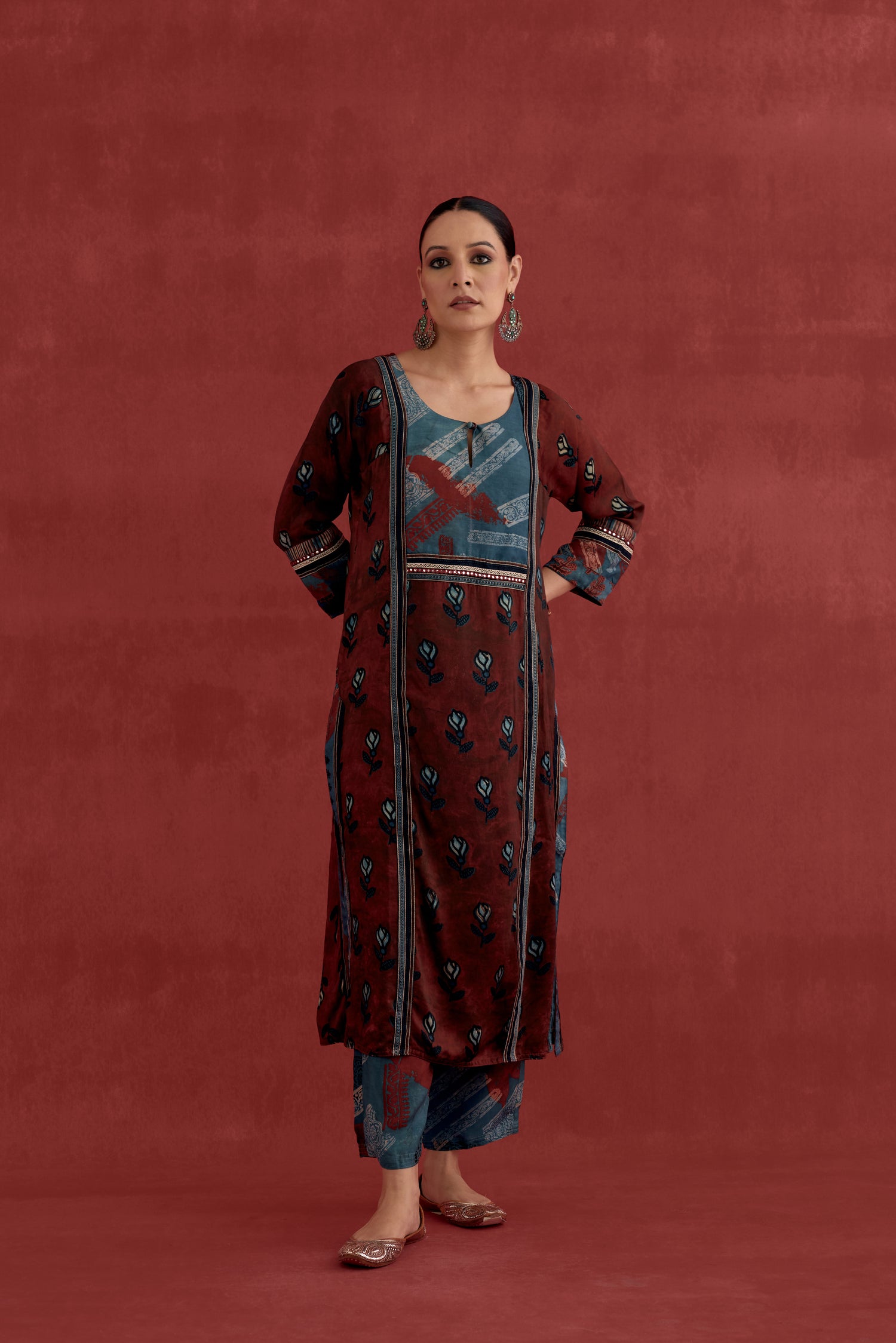 Rozana Modal Silk Block Printed Kurta Maroon Black (10049131610411)