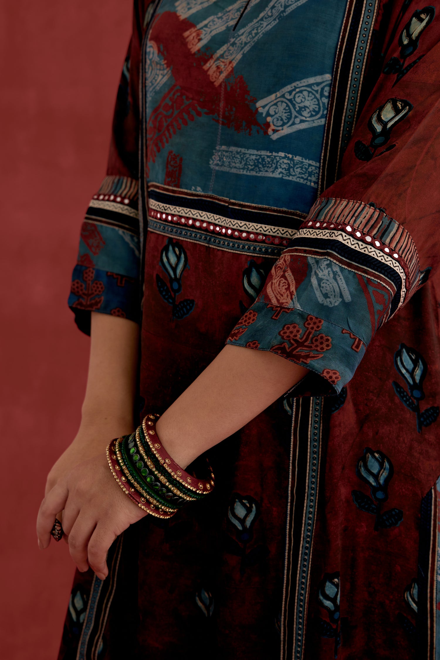 Rozana Modal Silk Block Printed Kurta Maroon Black (10049131610411)