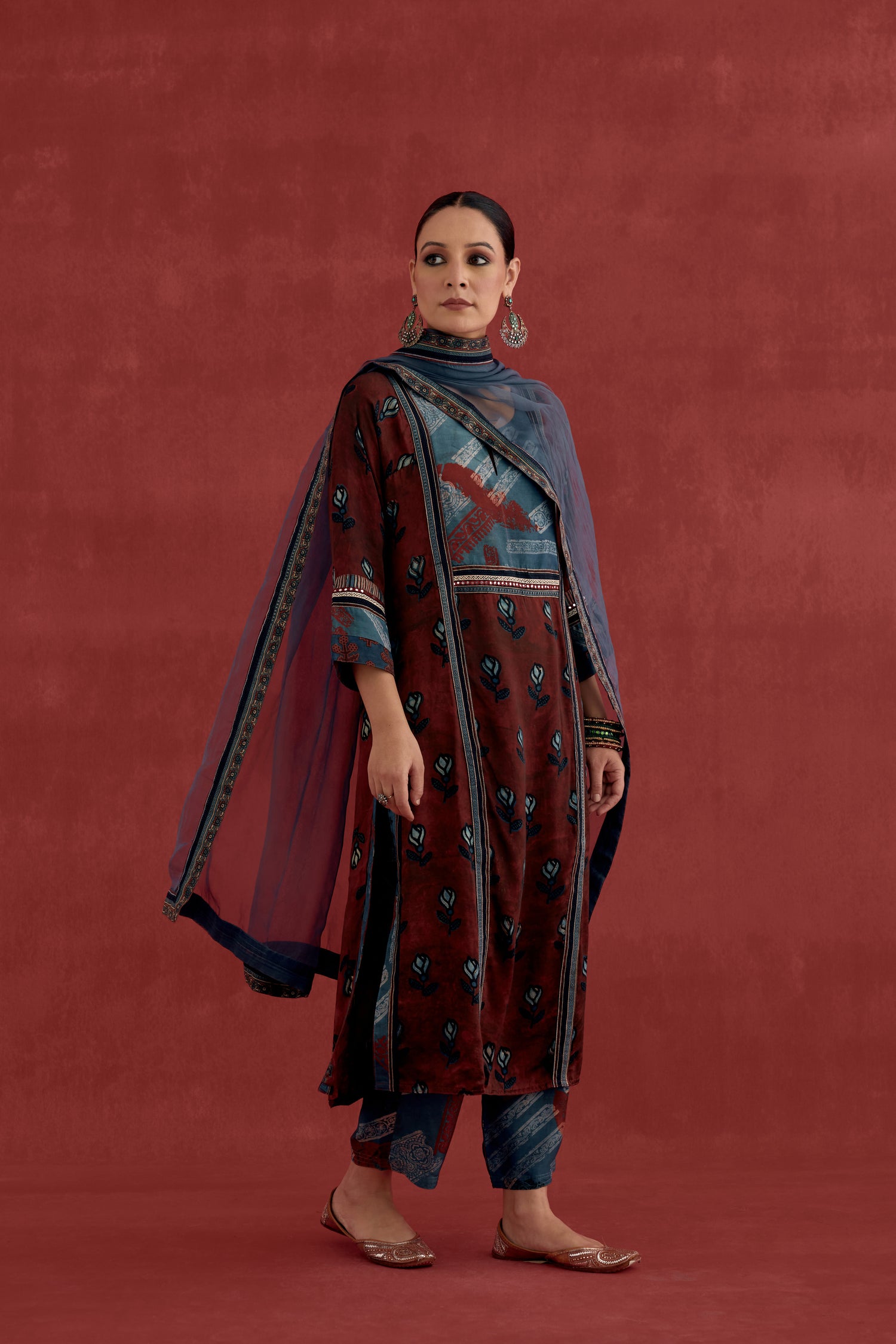 Rozana Modal Silk Block Printed Kurta Maroon Black (10049131610411)