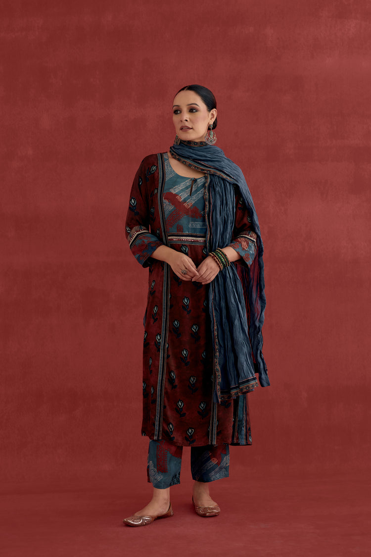 Rozana Modal Silk Block Printed Kurta Maroon Black (10049131610411)