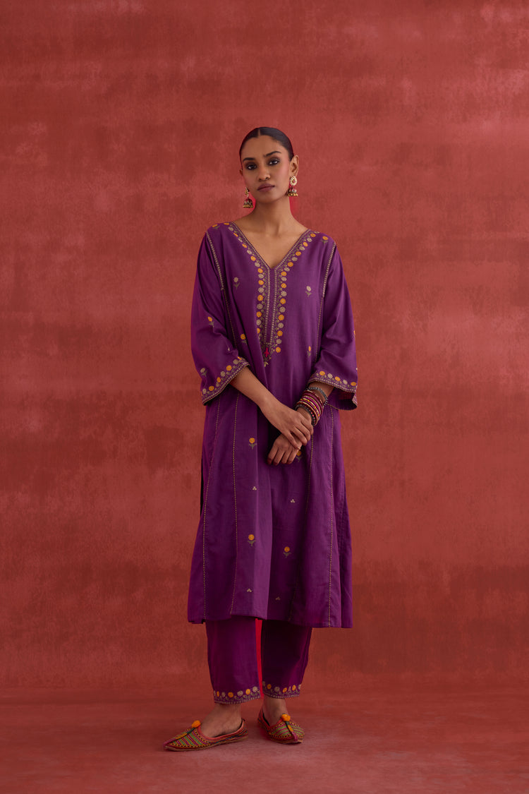 Ramya Embroidered Cotton Slub Kurta Mauve (10039821566251)