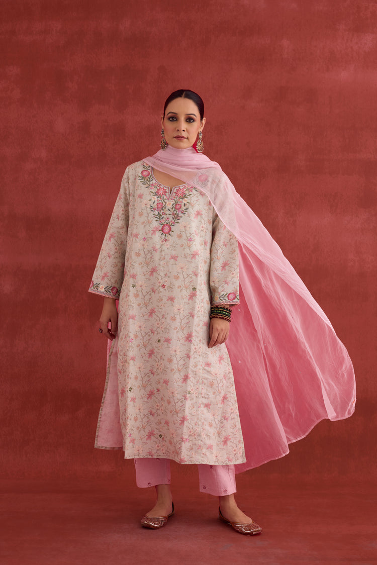 Elena Embroidered Linen Printed Kurta Powder Green Pink (10039790731563)