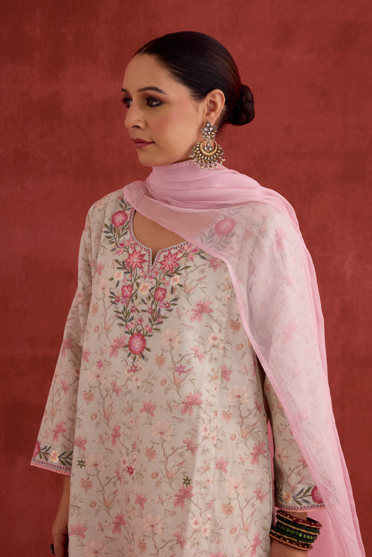 Elena Embroidered Linen Printed Kurta Powder Green Pink (10039790731563)
