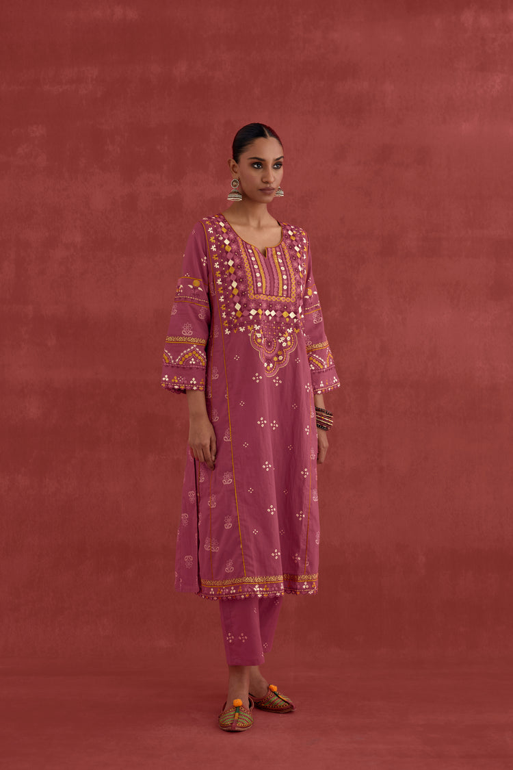 Madhu Embroidered Cotton Printed Kurta Light Plum (10049216348459)