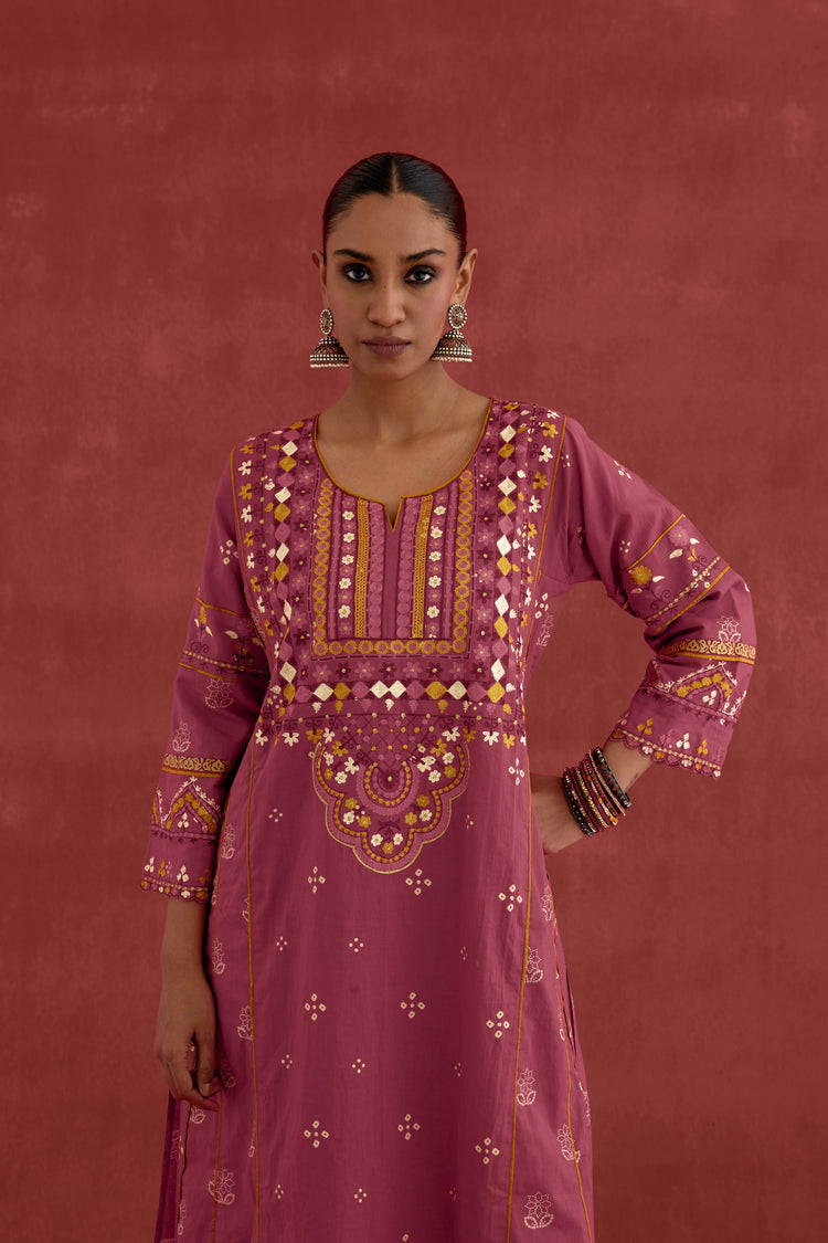 Madhu Embroidered Cotton Printed Kurta Light Plum (10049216348459)