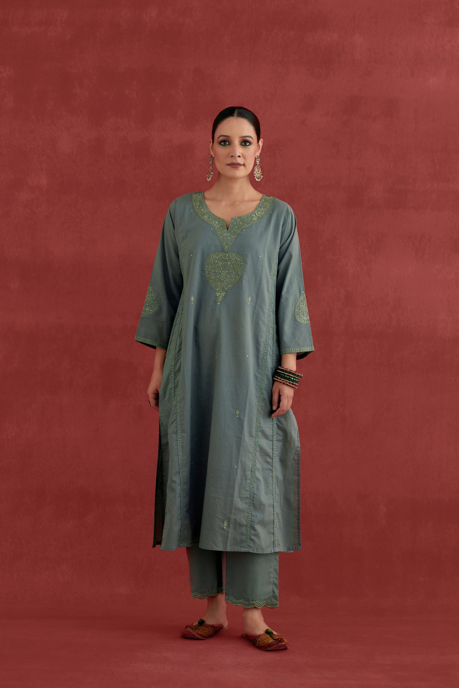 Tulsi Embroidered Cotton Kurta Dull Green (10049199898923)