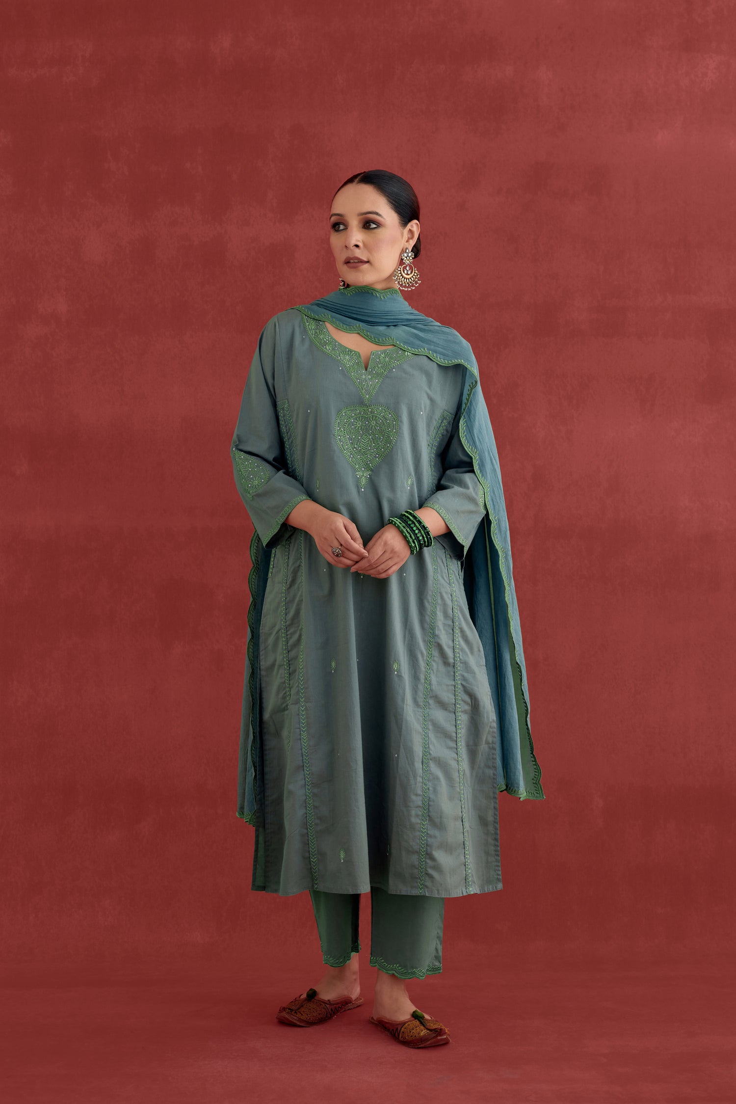 Tulsi Embroidered Cotton Kurta Dull Green (10049199898923)