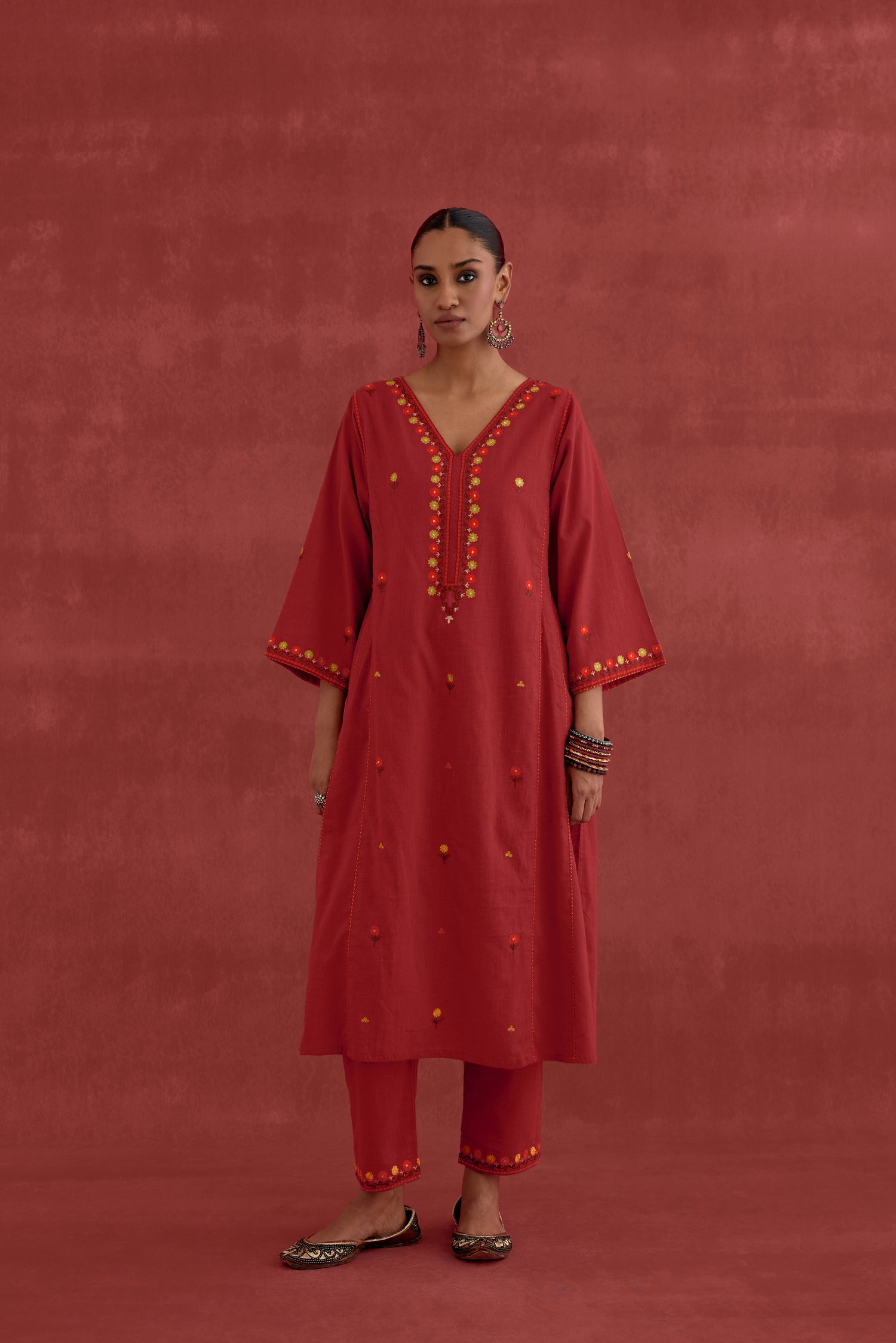Ramya Embroidered Cotton Slub Kurta Red (10049206944043)