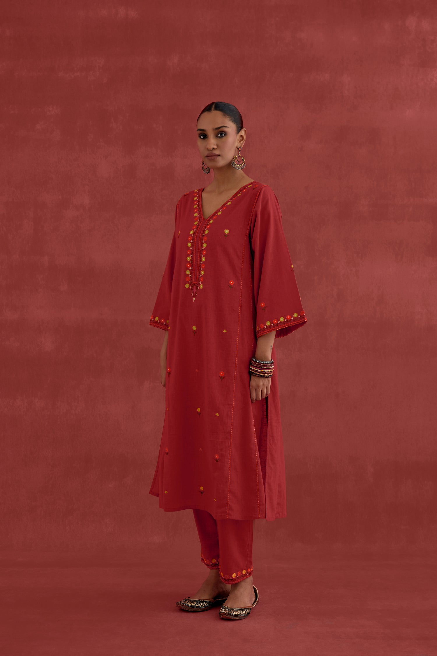 Ramya Embroidered Cotton Slub Kurta Red (10049206944043)