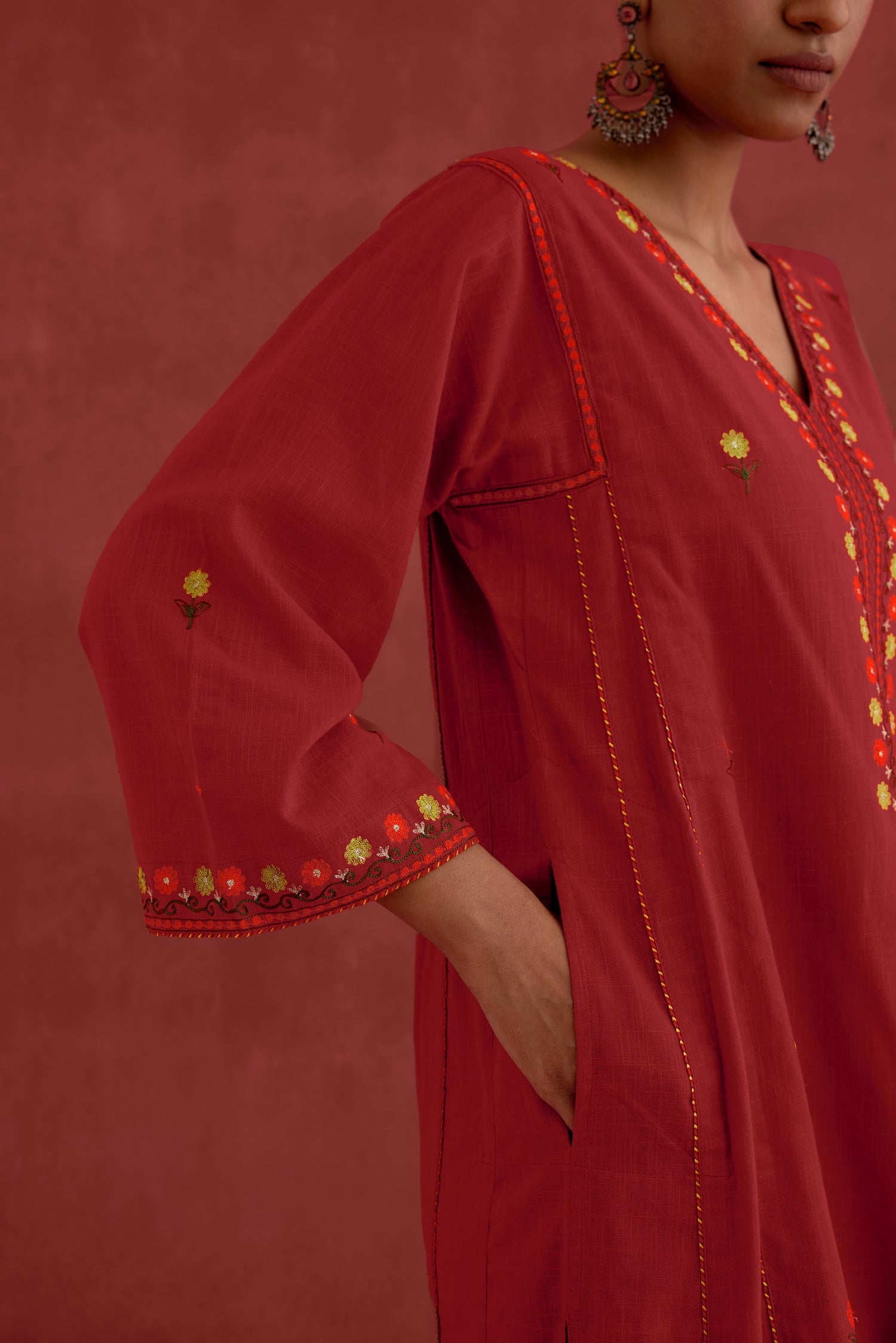 Ramya Embroidered Cotton Slub Kurta Red (10049206944043)