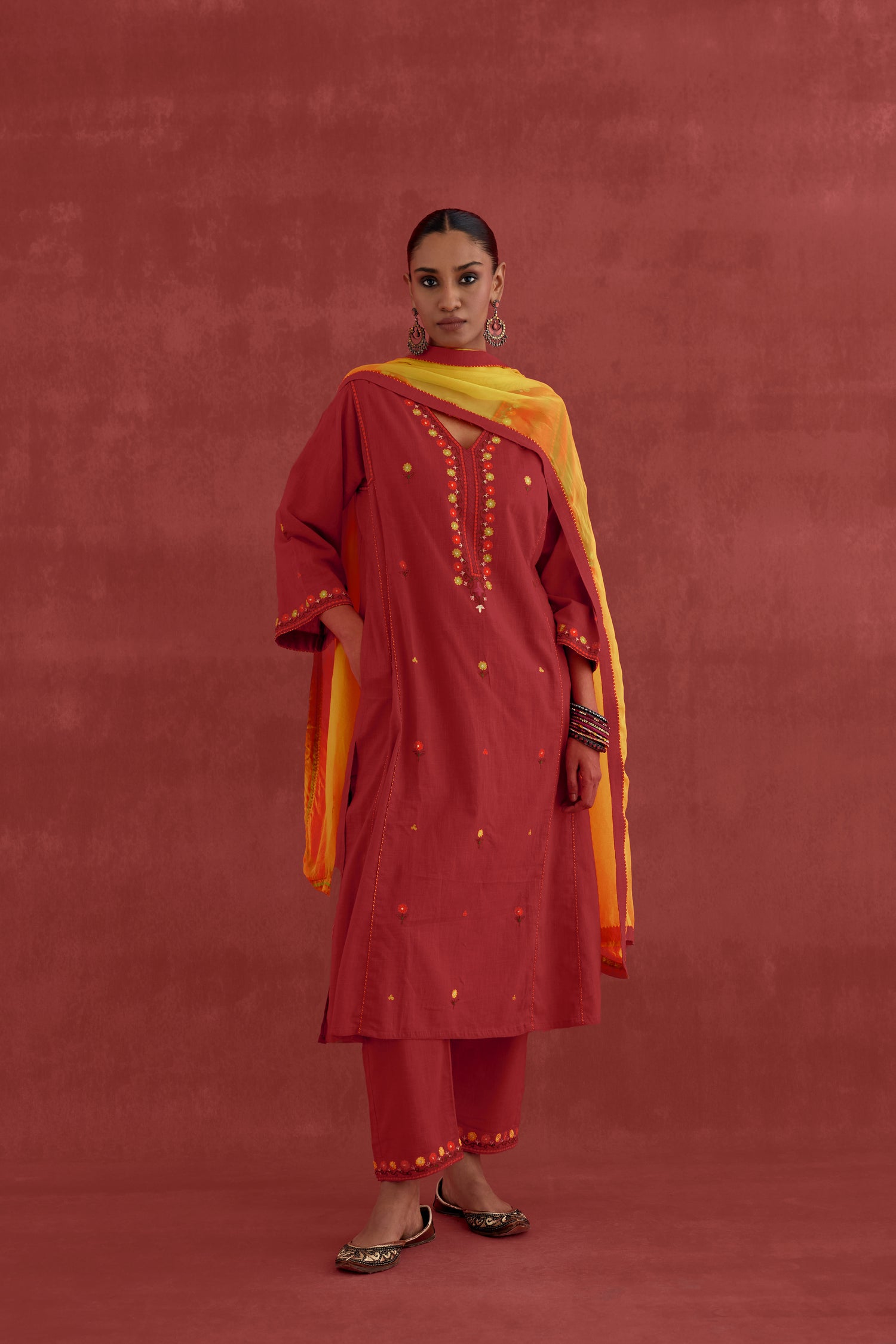 Ramya Embroidered Cotton Slub Kurta Red (10049206944043)