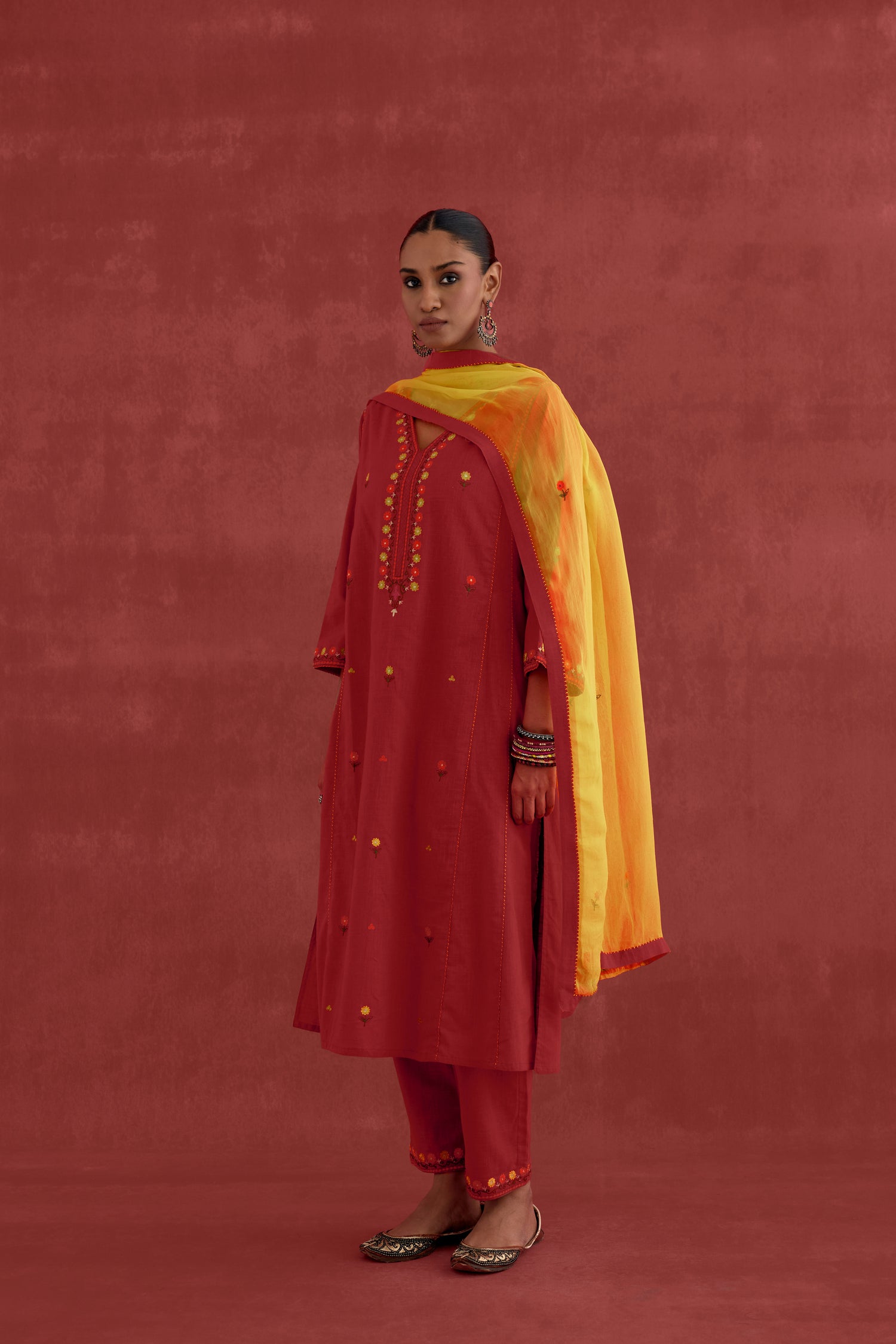 Ramya Embroidered Cotton Slub Kurta Red (10049206944043)