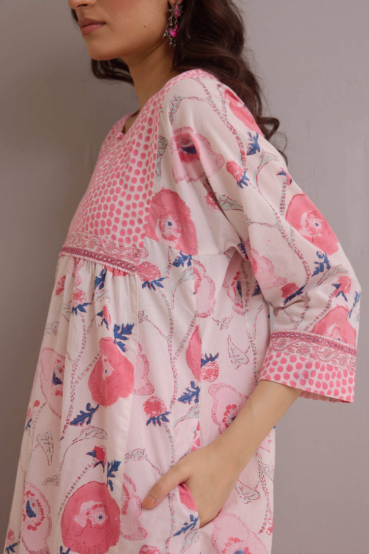 Banjara Cotton Hand Block Printed Kurta Cream Pink