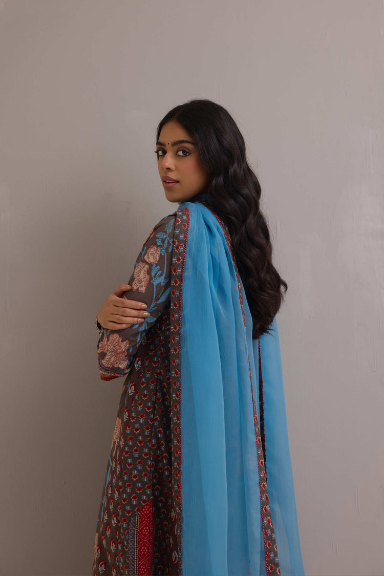 Aadya Cotton Printed Ensemble Grey Maroon (Set of 3)