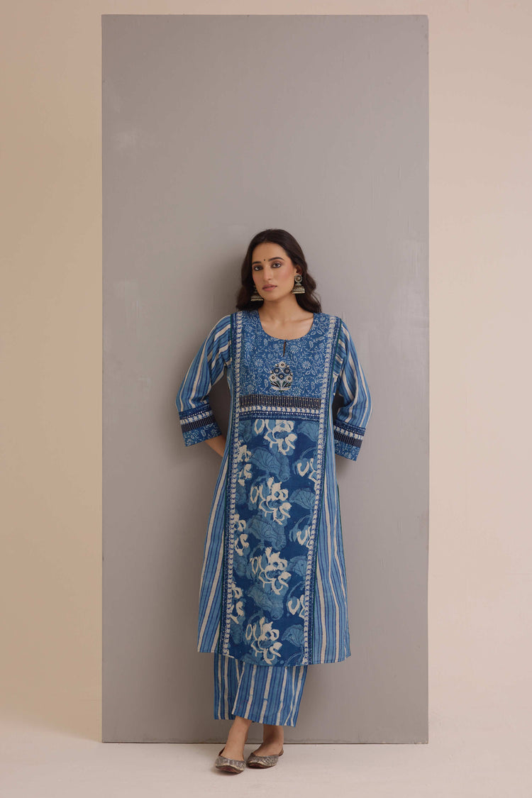 Straight Cotton Hand Block Printed Pant Indigo