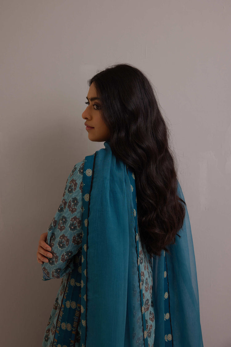 Anu Cotton Kurta Printed Ensemble Teal Blue (Set of 3)