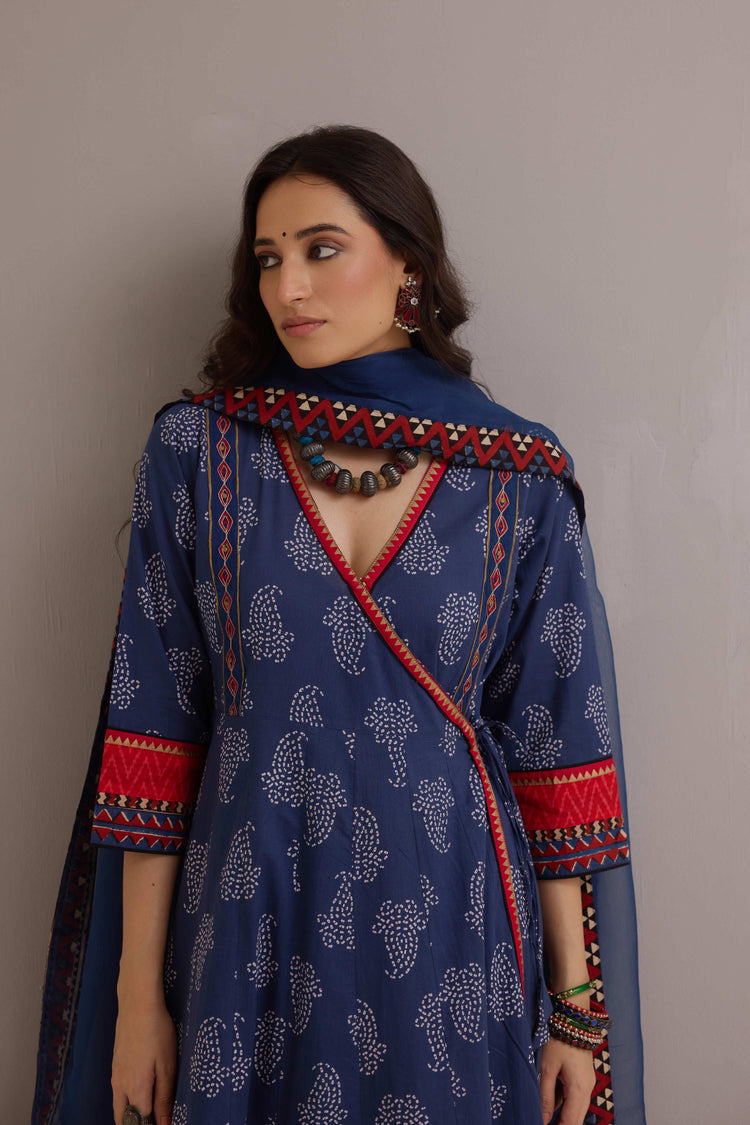 Angrakha Cotton Printed Anarkali Ensemble Blue (Set of 2)