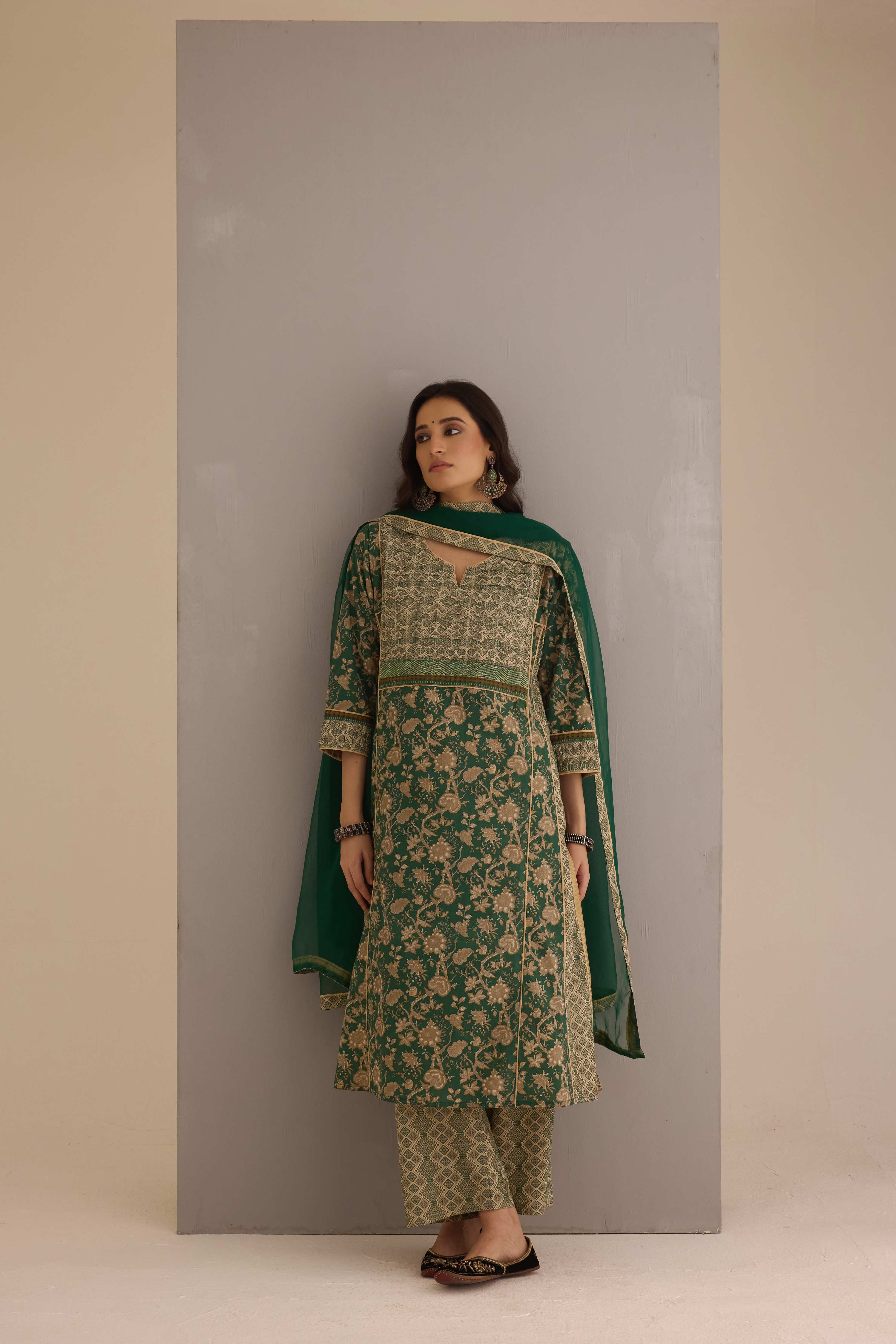 Straight Cotton Printed Pant Green
