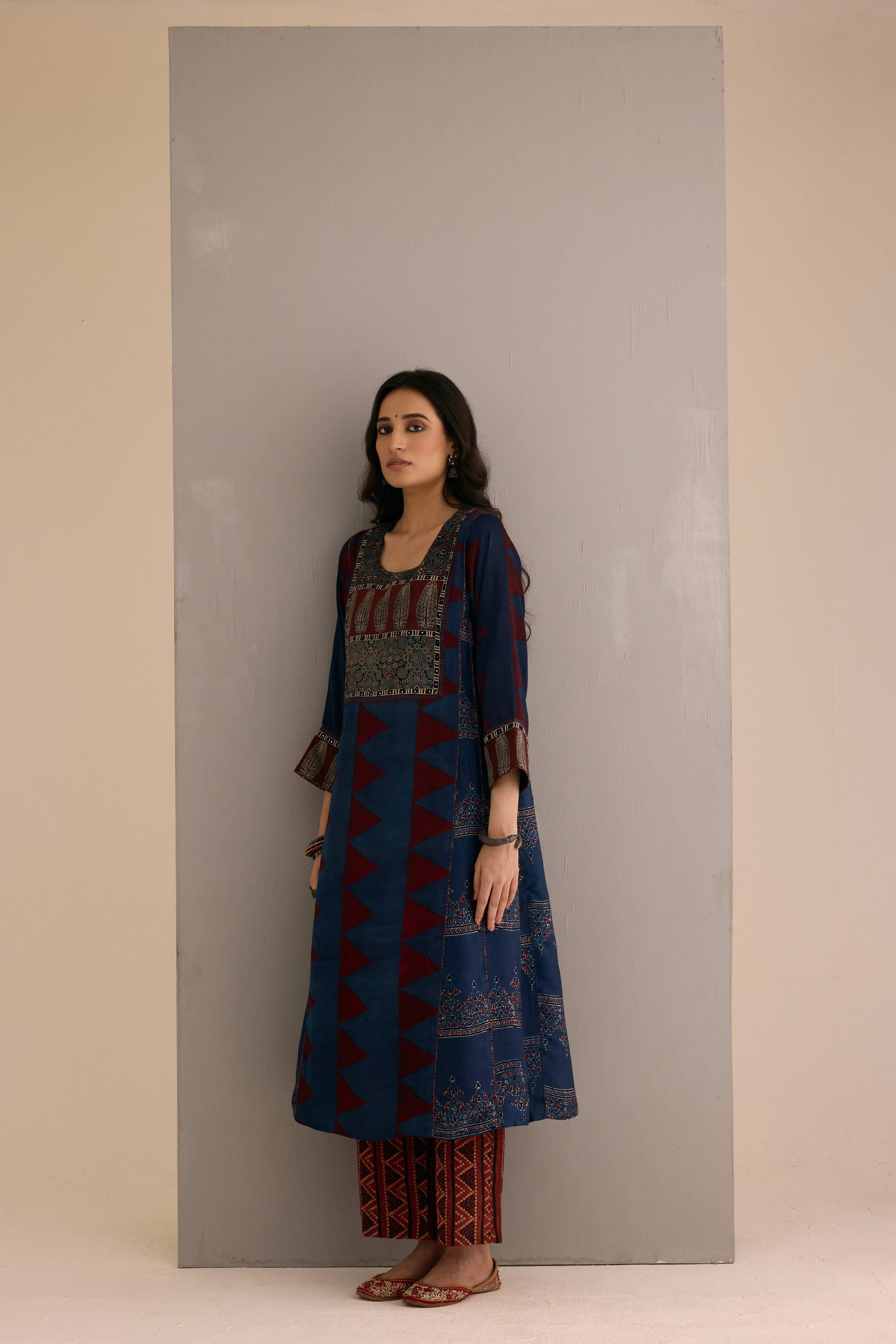 Straight Modal Silk Hand Block Printed Pant maroon