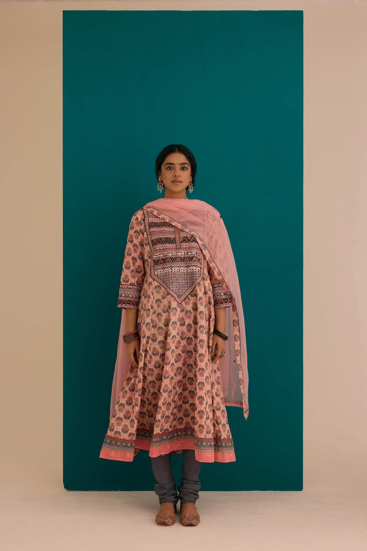 Navya Cotton Printed Anarkali Kurta Ensemble Pink Grey (SO3)