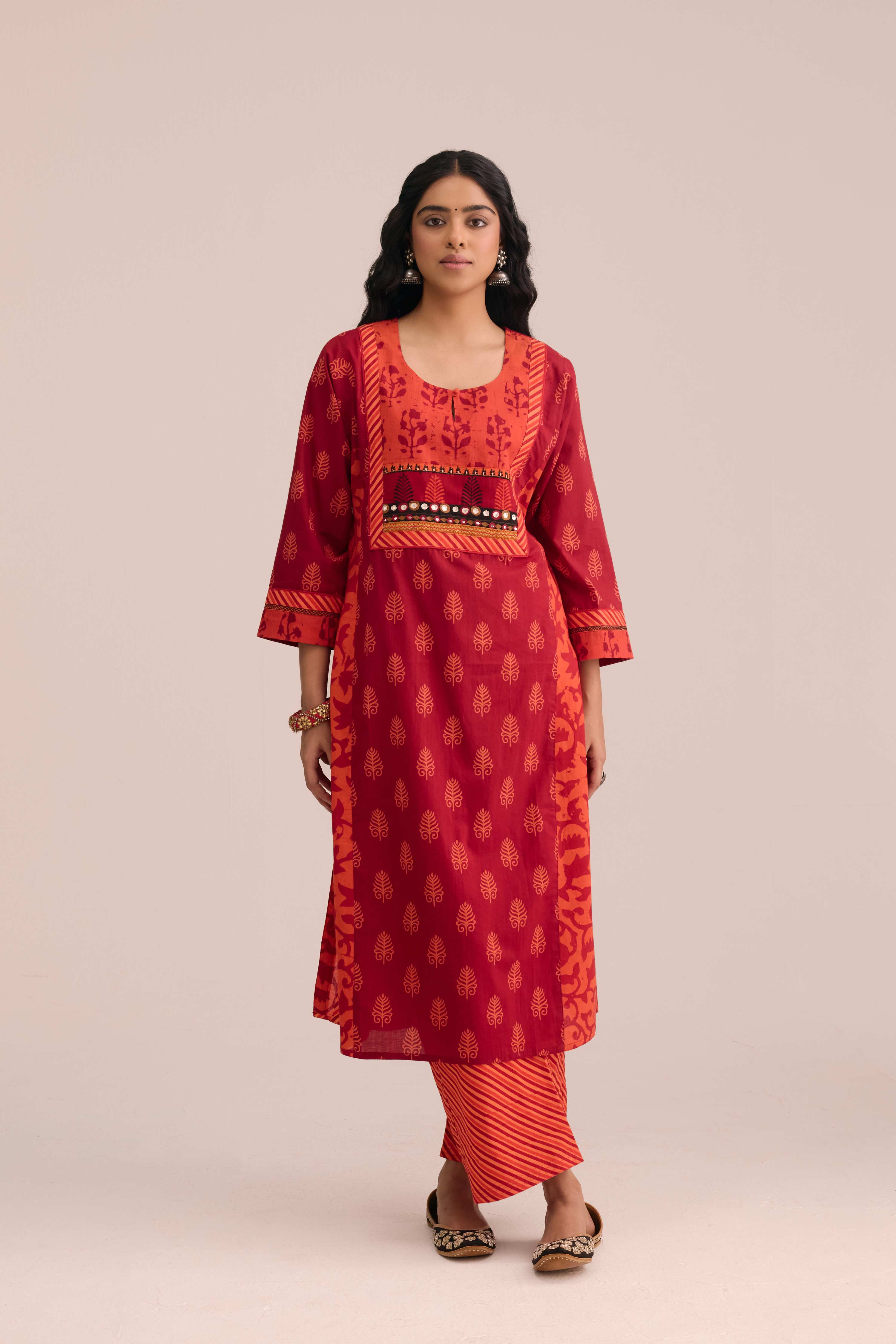 Straight Cotton Printed Pant Red Orange