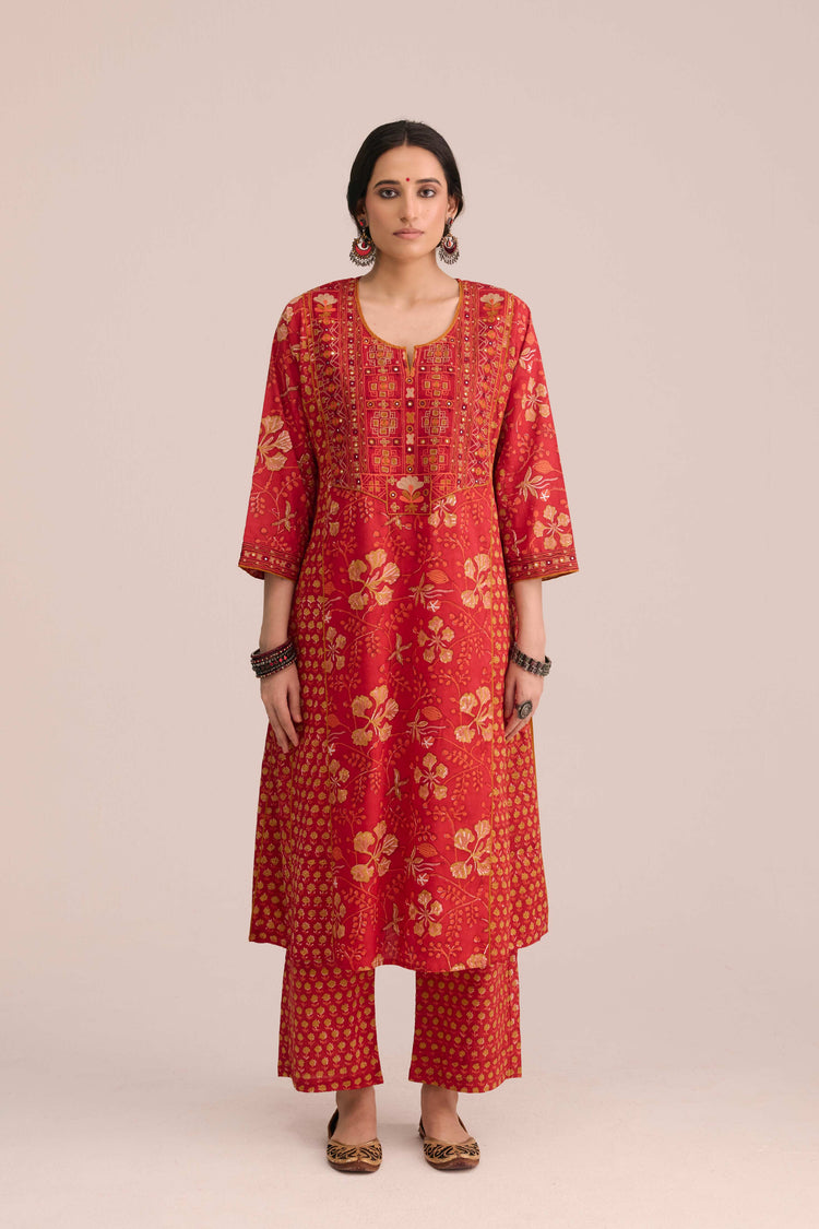 Tulsi Cotton Embroidered Hand Block Printed Kurta Red