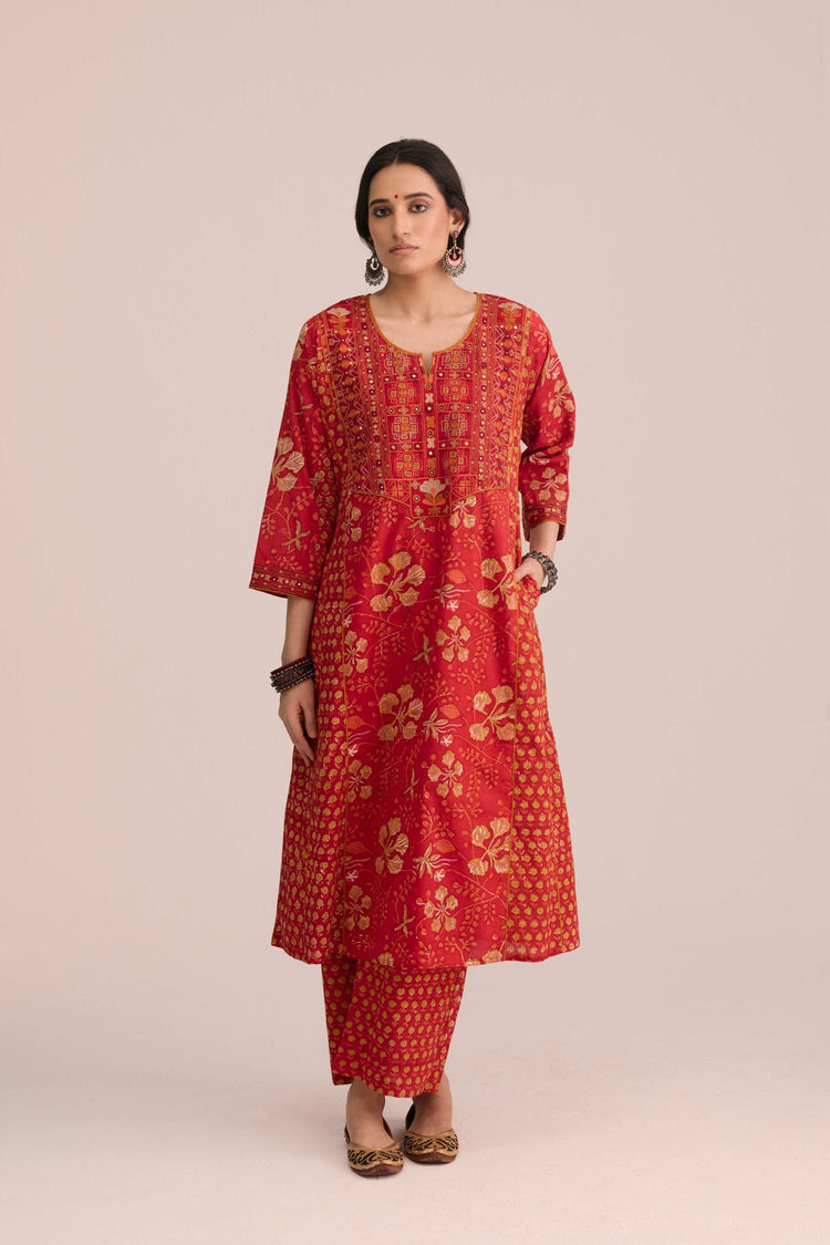 Straight Cotton Hand Block Printed Pant Red