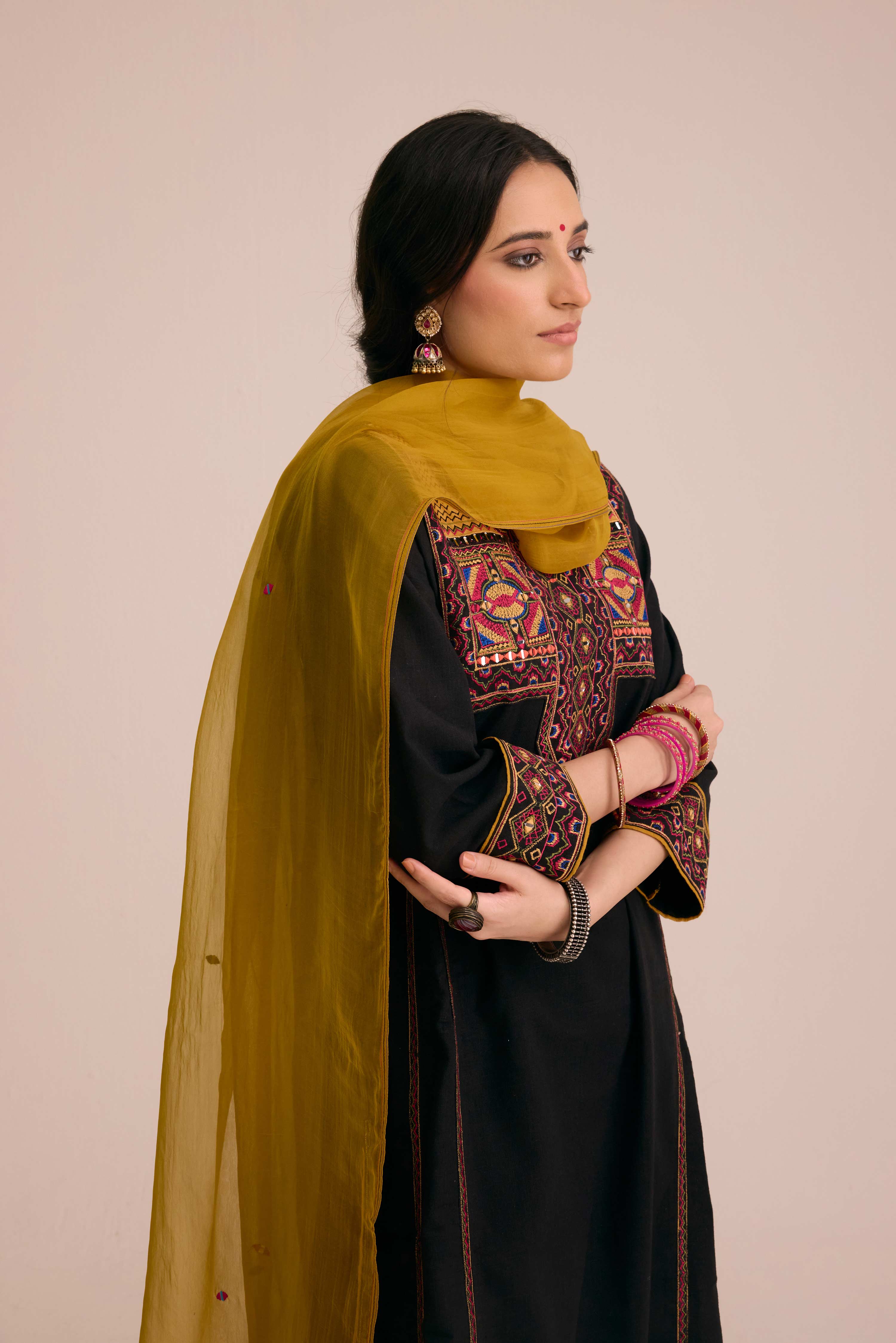 Medh Embroidered Treated Chiffon Dupatta Mustard