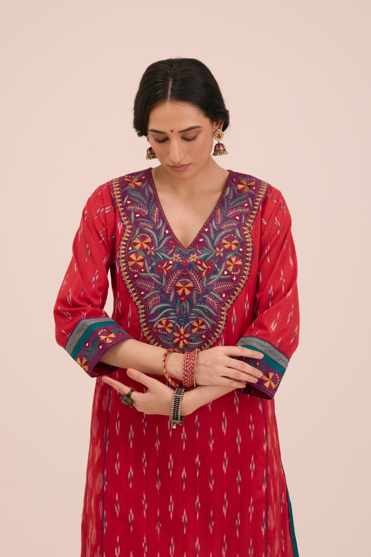 Tulsi Cotton Slub Embroidered Ikkat Kurta Red