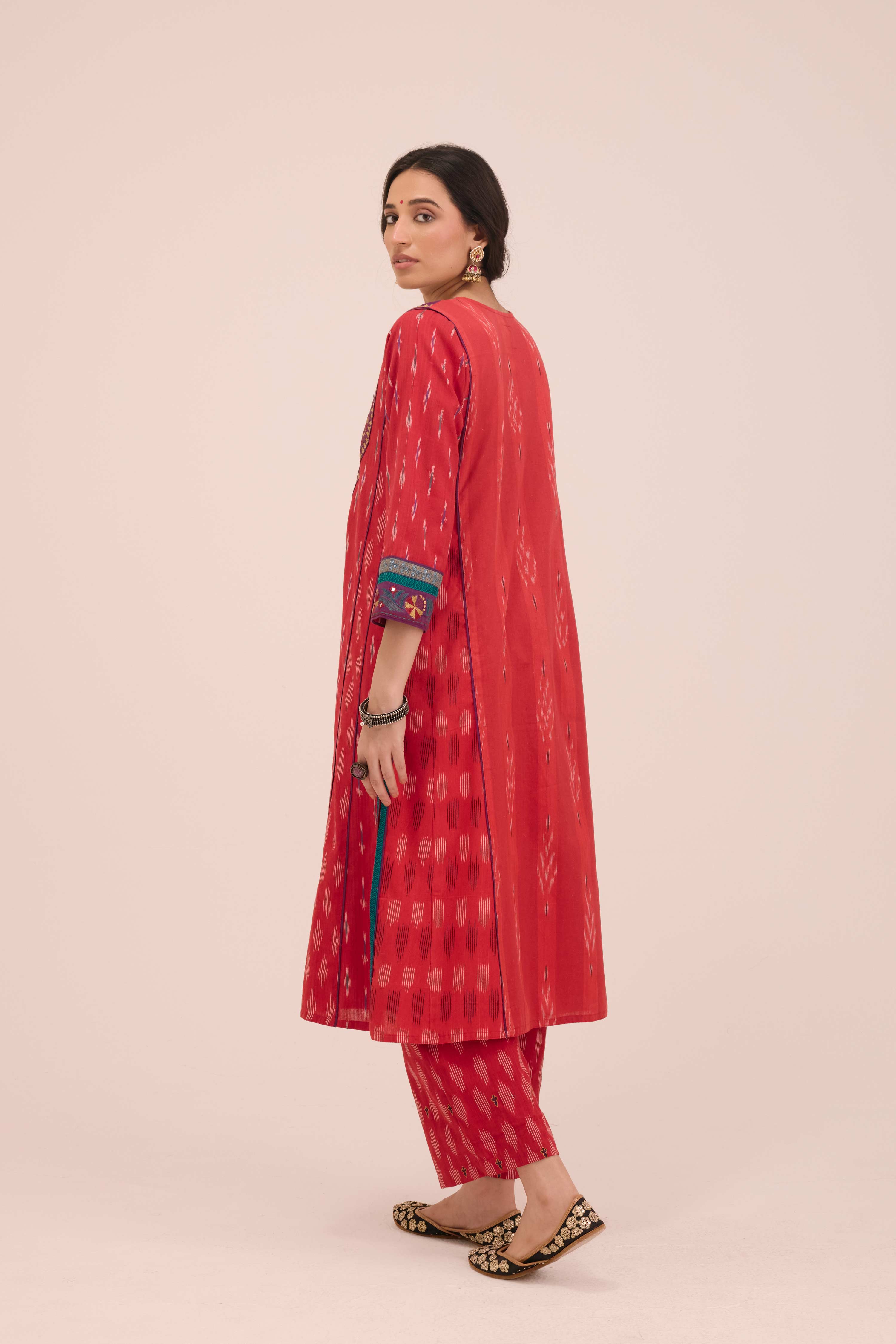 Straight Embroidered Ikkat Printed Pant Red